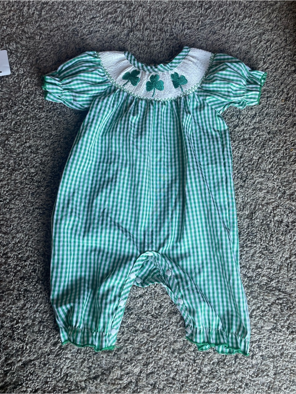Green Gingham Smocked Baby Romper with Shamrock Embroidery
